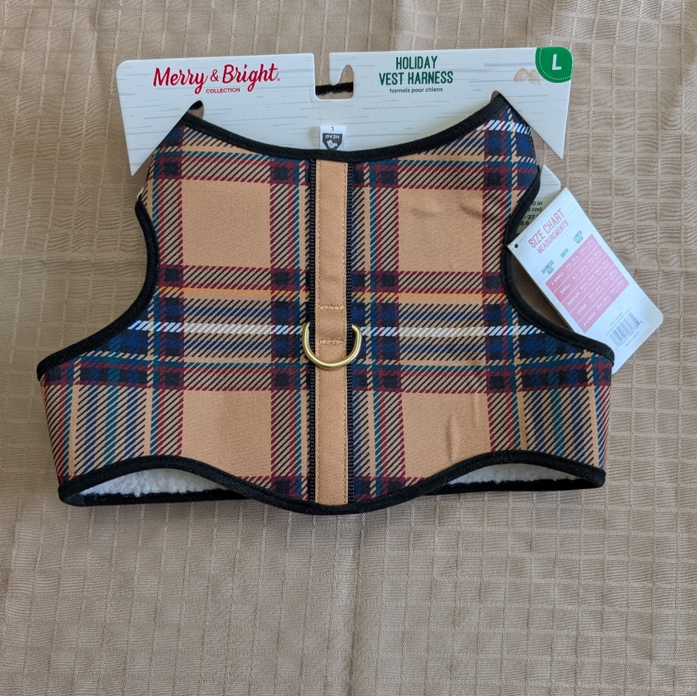 Brown Plaid Pet Harness with Gold D Ring, Size Large